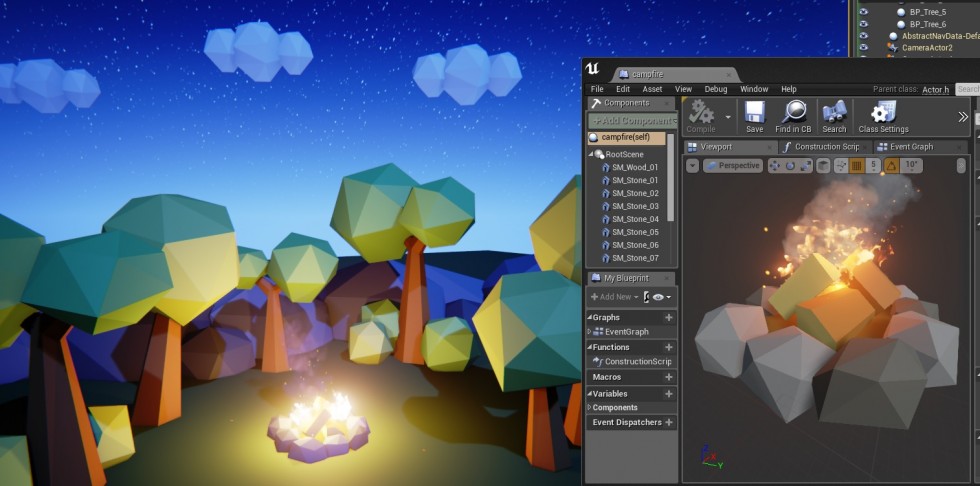 Low Poly Nighttime Setting with campfire
